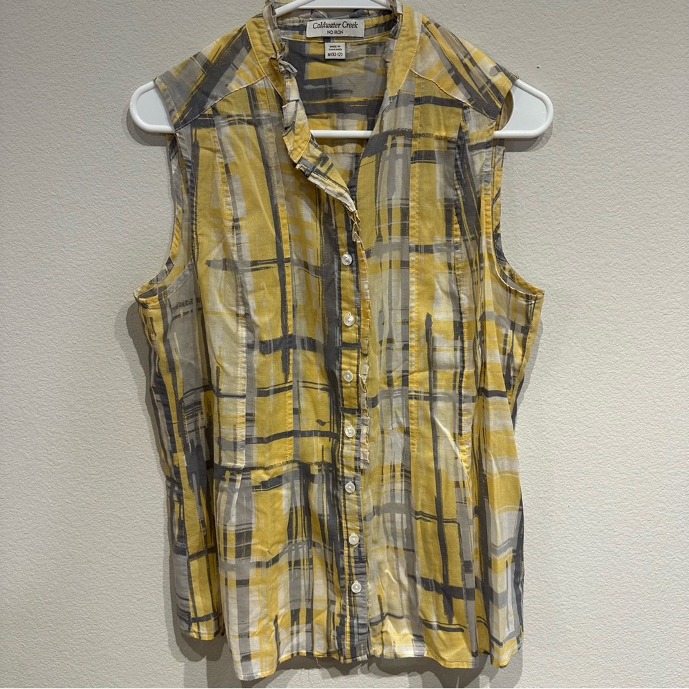 Coldwater Creek Sleeveless No Iron‎ Yellow And Grey Plaid Blouse Size Medium